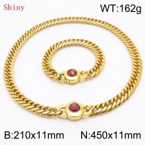 Personalized and trendy titanium steel polished whip chain gold bracelet necklace set, paired with red crystal snap closure - KS204557-Z