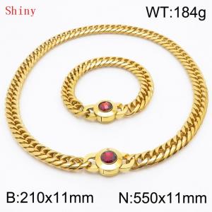 Personalized and trendy titanium steel polished whip chain gold bracelet necklace set, paired with red crystal snap closure - KS204559-Z