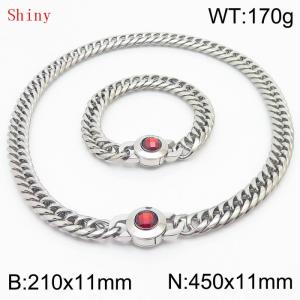Personalized and popular titanium steel polished whip chain silver bracelet necklace set, paired with red crystal snap closure - KS204564-Z