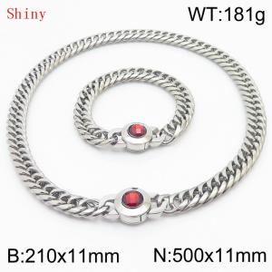 Personalized and popular titanium steel polished whip chain silver bracelet necklace set, paired with red crystal snap closure - KS204565-Z