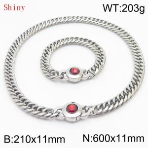 Personalized and popular titanium steel polished whip chain silver bracelet necklace set, paired with red crystal snap closure - KS204567-Z