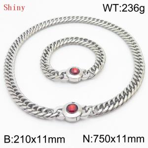 Personalized and popular titanium steel polished whip chain silver bracelet necklace set, paired with red crystal snap closure - KS204570-Z