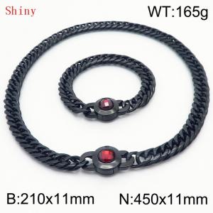 Personalized and popular titanium steel polished whip chain black bracelet necklace set, paired with red crystal snap closure - KS204571-Z