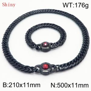 Personalized and popular titanium steel polished whip chain black bracelet necklace set, paired with red crystal snap closure - KS204572-Z