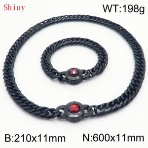 Personalized and popular titanium steel polished whip chain black bracelet necklace set, paired with red crystal snap closure - KS204574-Z