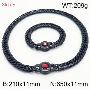 Personalized and popular titanium steel polished whip chain black bracelet necklace set, paired with red crystal snap closure - KS204575-Z