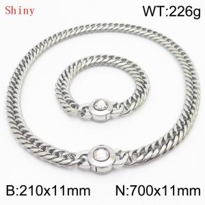 Personalized and popular titanium steel polished whip chain silver bracelet necklace set, paired with white crystal snap closure - KS204590-Z