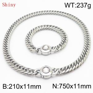 Personalized and popular titanium steel polished whip chain silver bracelet necklace set, paired with white crystal snap closure - KS204591-Z