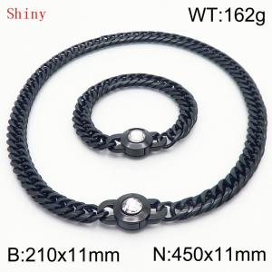 Personalized and popular titanium steel polished whip chain black bracelet necklace set, paired with white crystal snap closure - KS204592-Z
