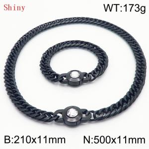 Personalized and popular titanium steel polished whip chain black bracelet necklace set, paired with white crystal snap closure - KS204593-Z