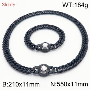 Personalized and popular titanium steel polished whip chain black bracelet necklace set, paired with white crystal snap closure - KS204594-Z