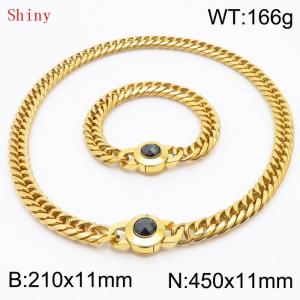 Personalized and popular titanium steel polished whip chain gold bracelet necklace set, paired with black crystal snap closure - KS204599-Z
