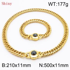 Personalized and popular titanium steel polished whip chain gold bracelet necklace set, paired with black crystal snap closure - KS204600-Z