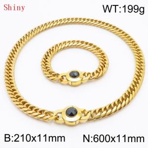 Personalized and popular titanium steel polished whip chain gold bracelet necklace set, paired with black crystal snap closure - KS204602-Z