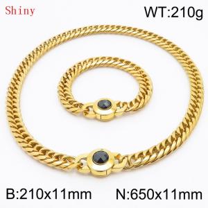 Personalized and popular titanium steel polished whip chain gold bracelet necklace set, paired with black crystal snap closure - KS204603-Z