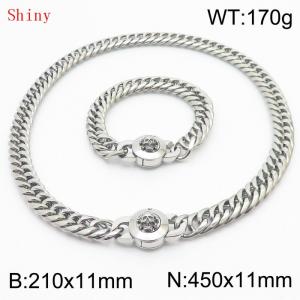 Personalized and popular titanium steel polished whip chain silver bracelet necklace set, paired with skull button - KS204627-Z