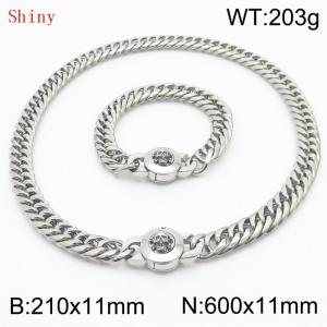 Personalized and popular titanium steel polished whip chain silver bracelet necklace set, paired with skull button - KS204630-Z