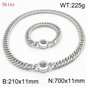 Personalized and popular titanium steel polished whip chain silver bracelet necklace set, paired with skull button - KS204632-Z