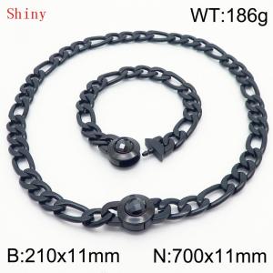 Fashion Black Color Cuban Link Chain 210×11mm Bracelet 700×11mm Nacklace for Men Women Hip Hop Punk Thick Franco Rope Figaro Chains Jewelry Sets - KS204681-Z