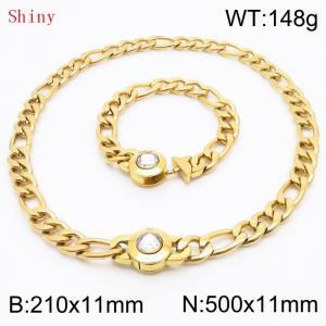 Gold Color Punk Stainless Steel NK Chain 210×11mm Bracelet 500×11mm Necklace for Men Women Hip Pop Figaro Rope Cuban Box Long Chains Jewelry Sets - KS204705-Z