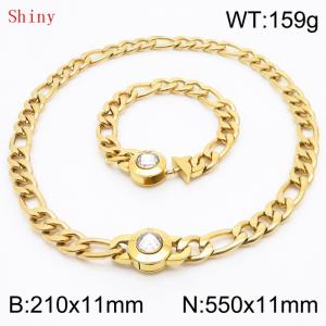 Gold Color Punk Stainless Steel NK Chain 210×11mm Bracelet 550×11mm Necklace for Men Women Hip Pop Figaro Rope Cuban Box Long Chains Jewelry Sets - KS204706-Z