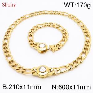 Gold Color Punk Stainless Steel NK Chain 210×11mm Bracelet 600×11mm Necklace for Men Women Hip Pop Figaro Rope Cuban Box Long Chains Jewelry Sets - KS204707-Z
