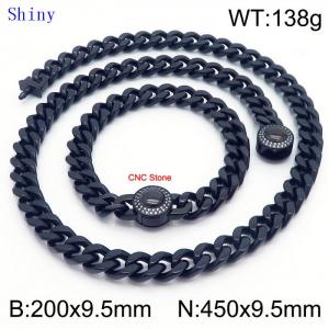 European and American Fashion Stainless Steel 200 × 9.5mm&450 × 9.5mm Cuban chain diamond round buckle men's temperament black set - KS204868-Z