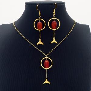Round Gold Fish Tail Red Natural Titanium Steel Earrings Necklace - KS204888-MS