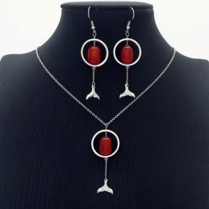 Round Steel Fish Tail Red Natural Titanium Steel Earrings Necklace - KS204890-MS