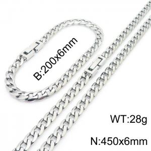 450x6mm Flat Bracelet Necklace Set Stainless Steel Japanese Buckle Chain Neutral SilverMixed Jewelry - KS204935-Z