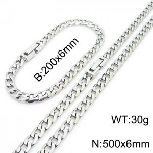 500x6mm Flat Bracelet Necklace Set Stainless Steel Japanese Buckle Chain Neutral SilverMixed Jewelry - KS204936-Z