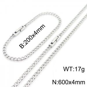Fashionable and minimalist 4mm stainless steel NK chain paired with silver bracelet necklace with jewelry clasp, two-piece set - KS204966-Z