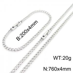 Fashionable and minimalist 4mm stainless steel NK chain paired with silver bracelet necklace with jewelry clasp, two-piece set - KS204969-Z