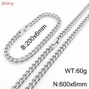 Fashionable and Personalized 6mm Stainless Steel Polished Cuban Chain Bracelet Necklace Set of Two - KS205018-Z