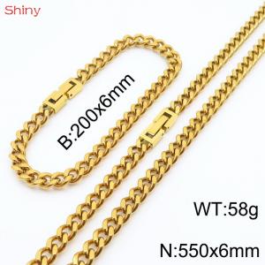 Fashionable and Personalized 6mm Stainless Steel Polished Cuban Chain Bracelet Necklace Set of Two - KS205024-Z