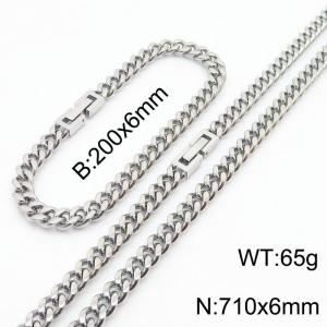 200x6mm 710x6mm Silver Simple Buckle Cuban Chain Set Stainless Steel Bracelet Necklace Set Unisex Party Jewelry - KS205048-Z