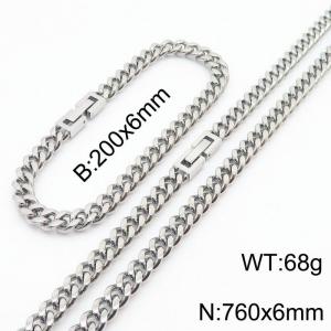 200x6mm 760x6mm Silver Simple Buckle Cuban Chain Set Stainless Steel Bracelet Necklace Set Unisex Party Jewelry - KS205049-Z