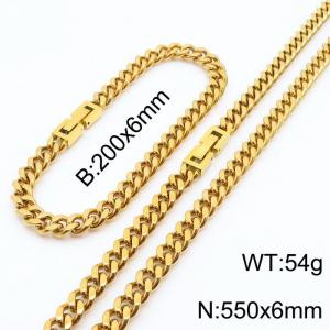 200x6mm 550x6mm Gold Simple Buckle Cuban Chain Set Stainless Steel Bracelet Necklace Set Unisex Party Jewelry - KS205052-Z