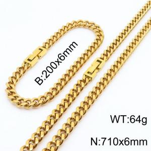 200x6mm 710x6mm Gold Simple Buckle Cuban Chain Set Stainless Steel Bracelet Necklace Set Unisex Party Jewelry - KS205055-Z