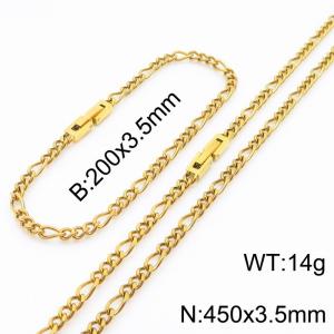 200x3.5mm 450x3.5mm Gold Simple Buckle Cuban Chain Set Stainless Steel Bracelet Necklace Set Unisex Party Jewelry - KS205071-Z