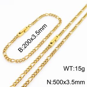 200x3.5mm 500x3.5mm Gold Simple Buckle Cuban Chain Set Stainless Steel Bracelet Necklace Set Unisex Party Jewelry - KS205072-Z