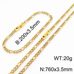 200x3.5mm 760x3.5mm Gold Simple Buckle Cuban Chain Set Stainless Steel Bracelet Necklace Set Unisex Party Jewelry - KS205077-Z