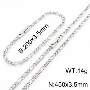 200x3.5mm 450x3.5mm Silver Simple Buckle Cuban Chain Set Stainless Steel Bracelet Necklace Set Unisex Party Jewelry - KS205078-Z