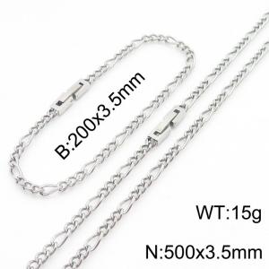 200x3.5mm 500x3.5mm Silver Simple Buckle Cuban Chain Set Stainless Steel Bracelet Necklace Set Unisex Party Jewelry - KS205079-Z