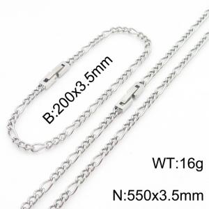 200x3.5mm 550x3.5mm Silver Simple Buckle Cuban Chain Set Stainless Steel Bracelet Necklace Set Unisex Party Jewelry - KS205080-Z