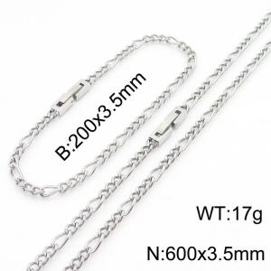 200x3.5mm 600x3.5mm Silver Simple Buckle Cuban Chain Set Stainless Steel Bracelet Necklace Set Unisex Party Jewelry - KS205081-Z