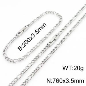 200x3.5mm 760x3.5mm Silver Simple Buckle Cuban Chain Set Stainless Steel Bracelet Necklace Set Unisex Party Jewelry - KS205084-Z