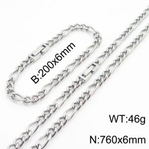 200x6mm 760x6mm Silver Simple Buckle Cuban Chain Set Stainless Steel Bracelet Necklace Set Unisex Party Jewelry - KS205098-Z