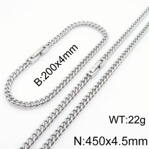 200x4.5mm 450x4.5mm Silver Simple Buckle Cuban Chain Set Stainless Steel Bracelet Necklace Set Unisex Party Jewelry - KS205099-Z