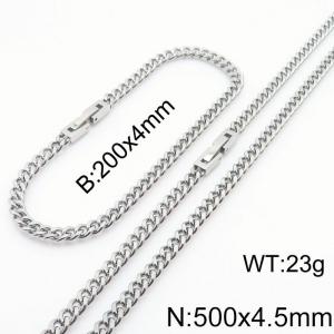 200x4.5mm 500x4.5mm Silver Simple Buckle Cuban Chain Set Stainless Steel Bracelet Necklace Set Unisex Party Jewelry - KS205100-Z